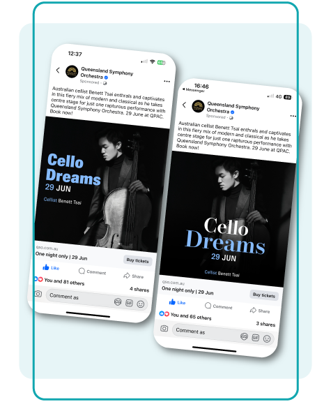 BRI_Blogresizing2_Brand-17 Two Meta ads side by side of Cello Dreams for Queensland Symphony Orchestra.